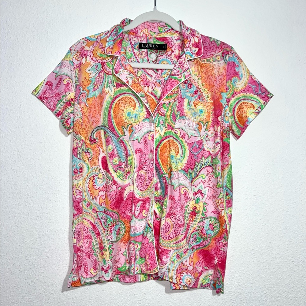 Lauren Ralph Lauren Pink Multicolor Paisley Button-Front Shirt Pajama Top Small